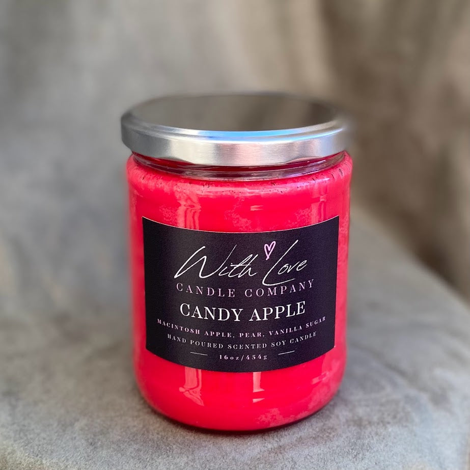 Candy Apple soy candle, 16oz jar, lid on