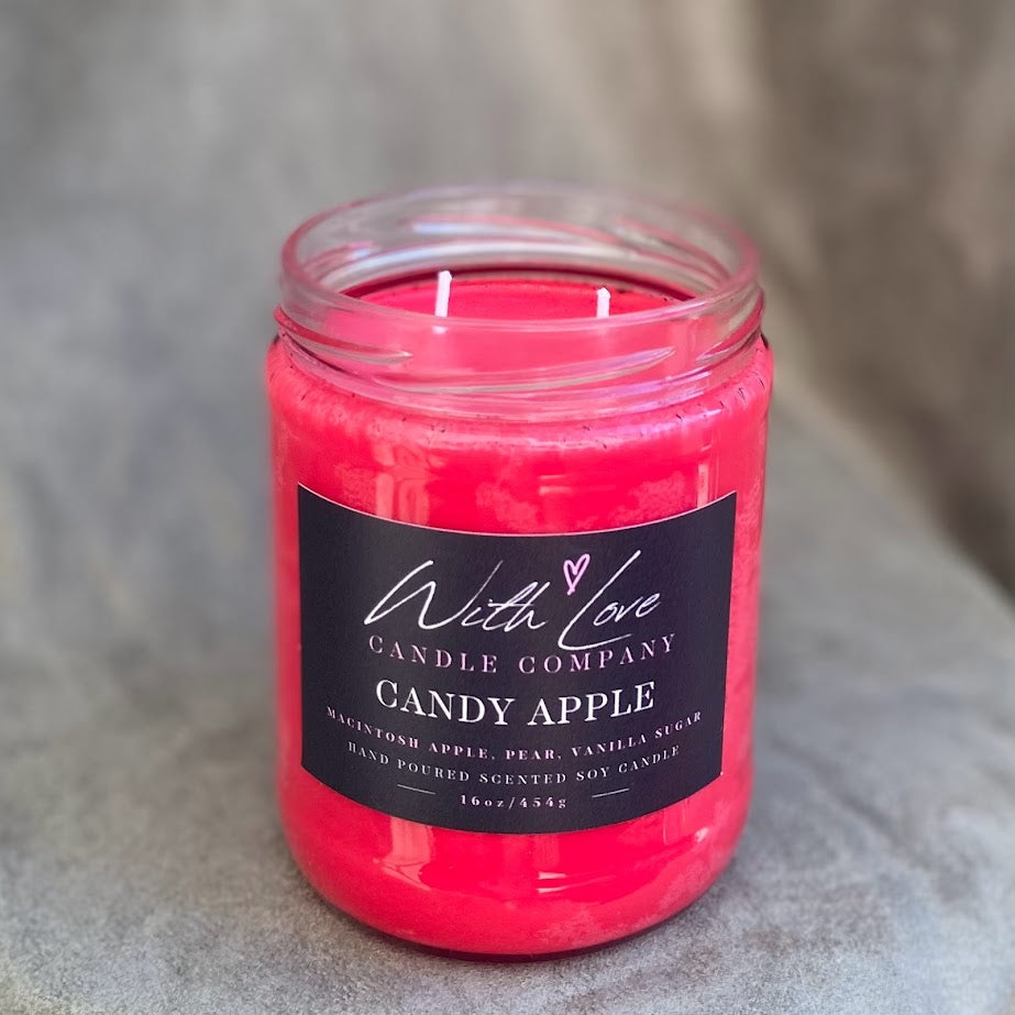 Candy Apple soy candle, 16oz jar, lid off
