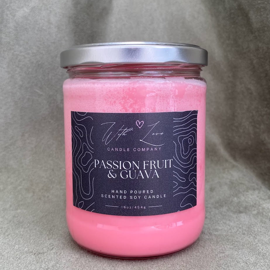 Passion Fruit & Guava soy candle, 16oz jar, lid on