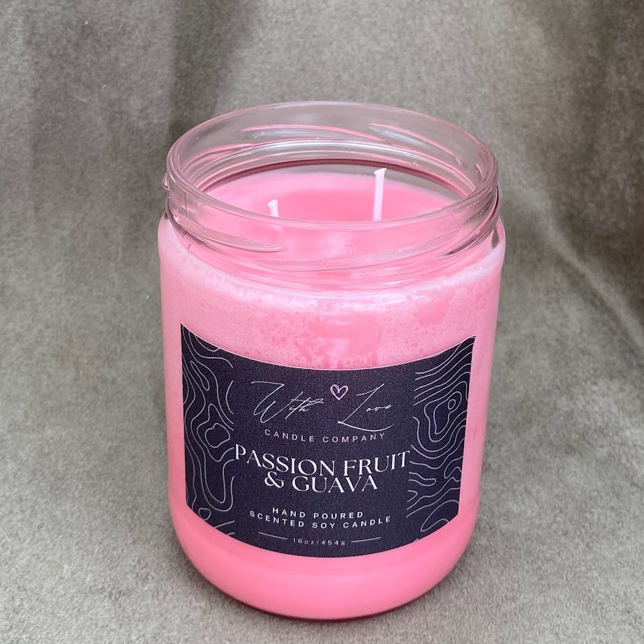 Passion Fruit & Guava soy candle, 16oz jar, lid off