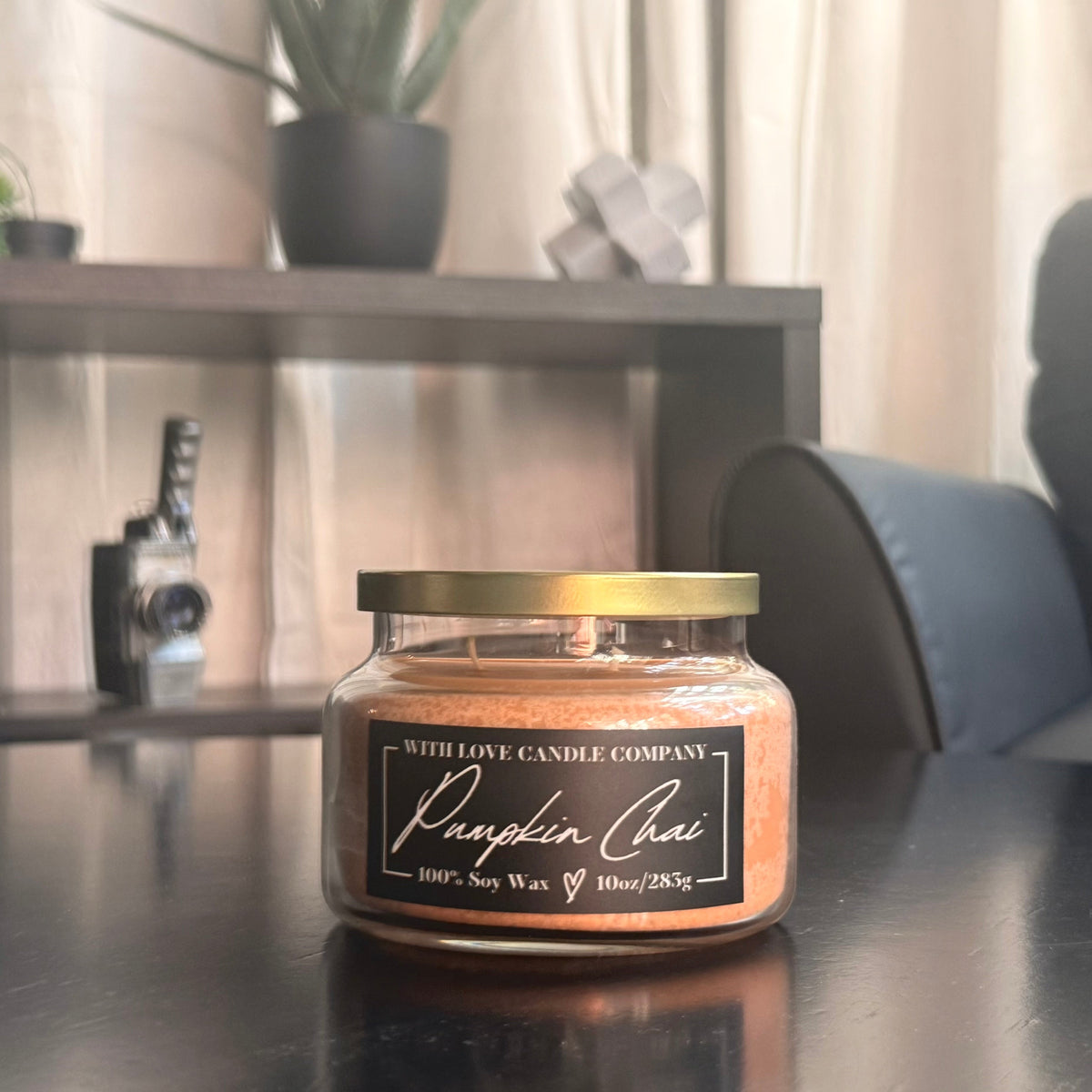 Pumpkin Chai soy candle, 10oz jar, lid on